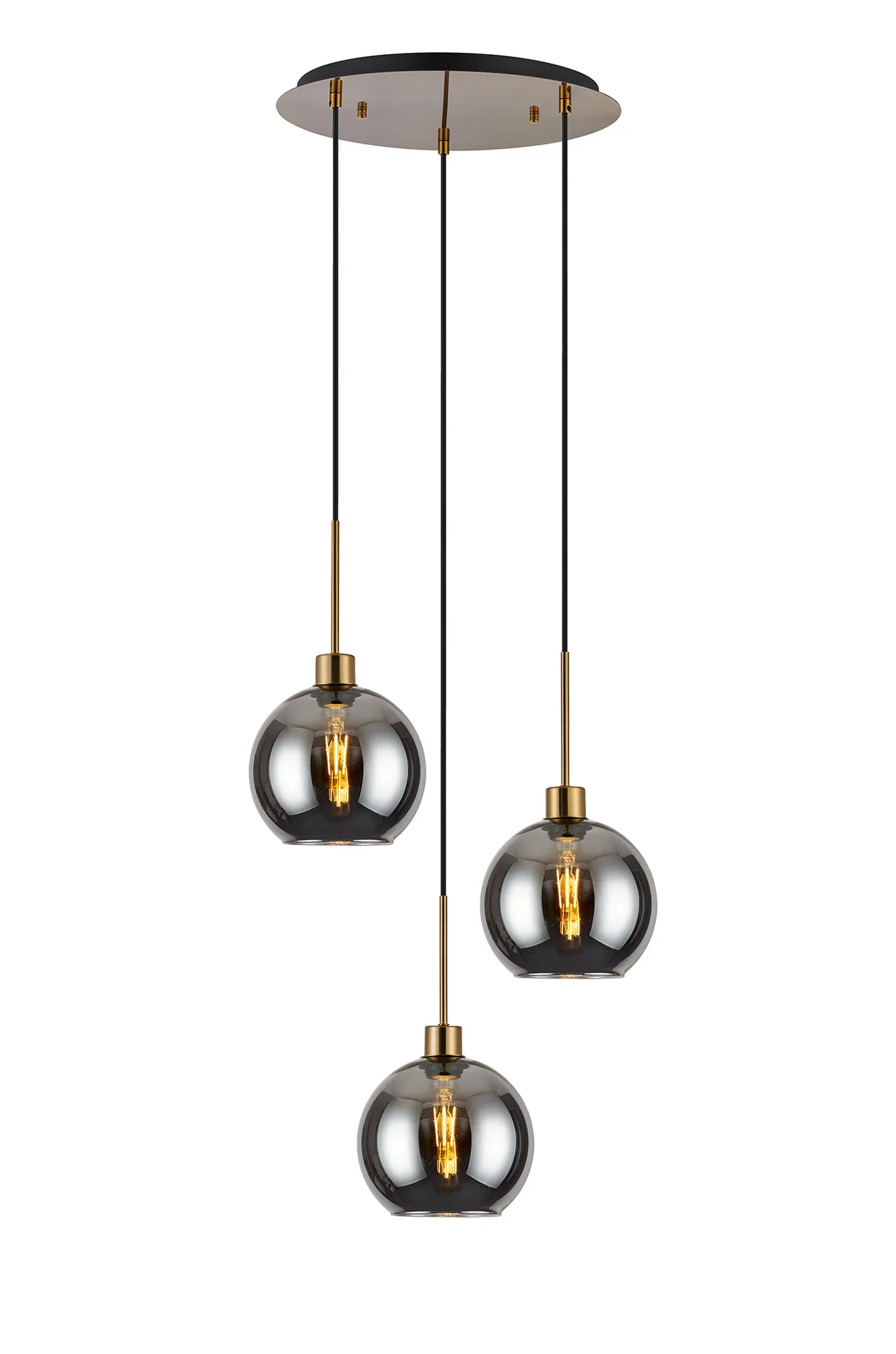 Lori 40cm Round Pendant, 3 Light Adjustable E27, Antique Gold/Smoke Open Mouth Round Globe Shades DK1181  Deco Lori Antique Gold